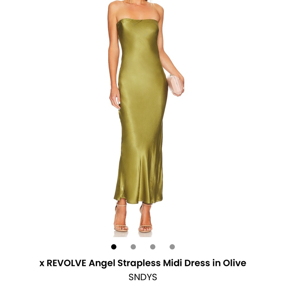 SNDYS Strapless Satin Dress in Olive